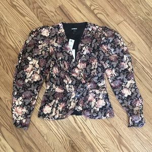 Jaquard Puff Sleeve Blouse  Black & Gold & pink Size s